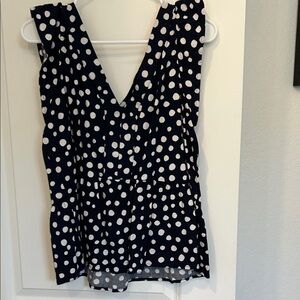 LOFT Navy and White Polka Dot V-Neck Blouse